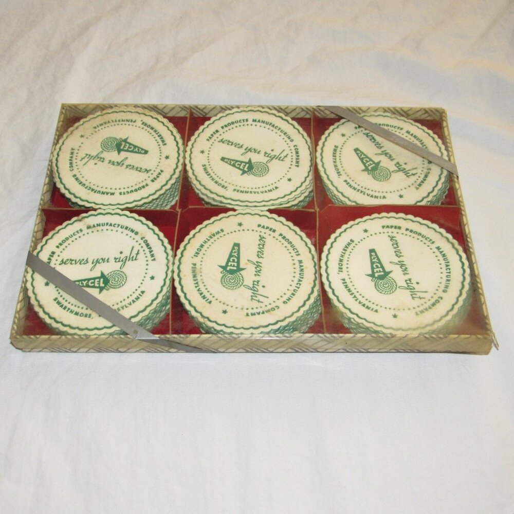 Vintage 1950-60's Paper Coasters Serves You Right Ply-Cel Swarthmore PA 60+ NEW